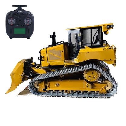 1/14 Remote Control Hydraulic Bulldozer D6 Heavy Dozer RC Model Metal Chassis Brass Road Wheel Light System Flysky Radio Battery Construction Vehicle