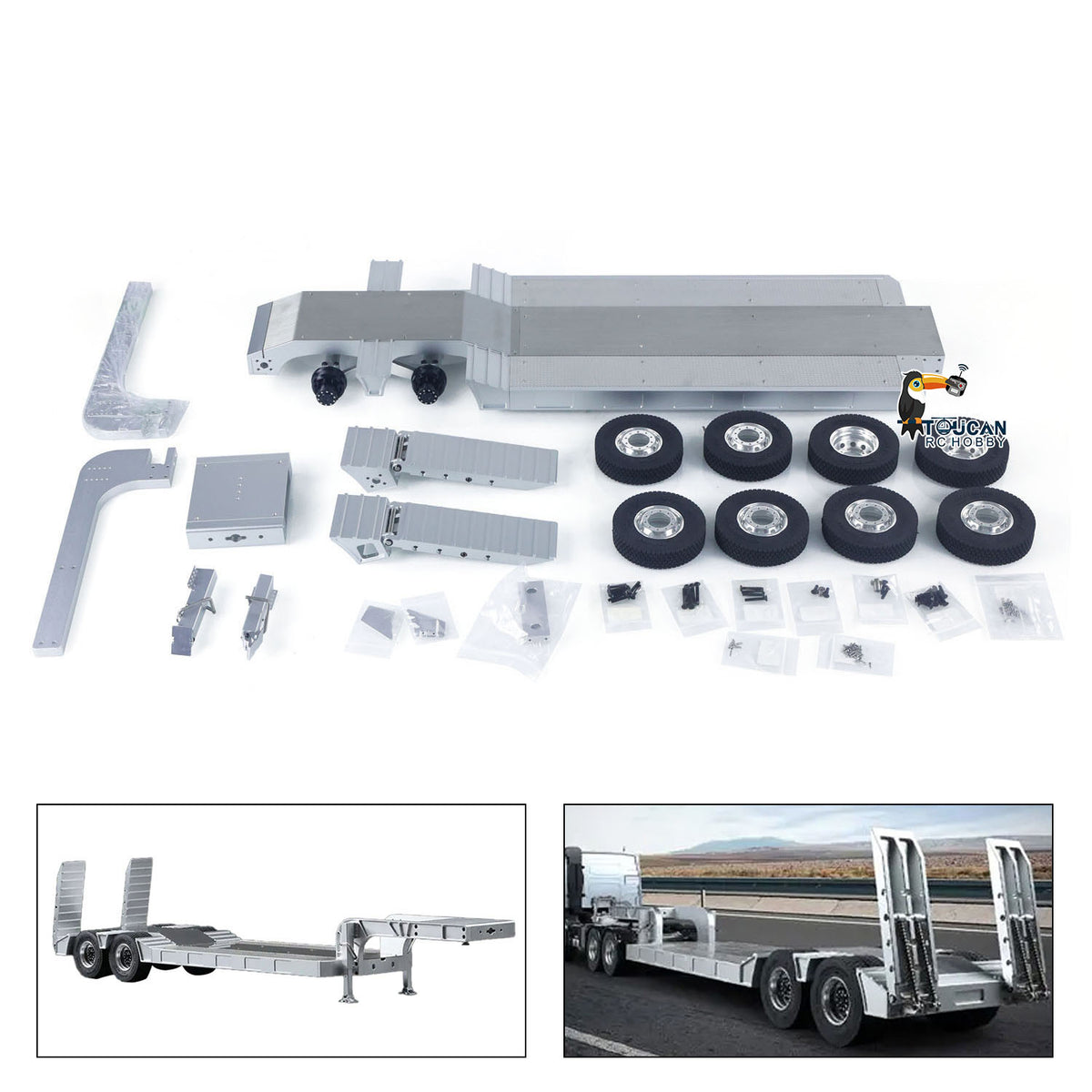 1/14 DoubleE Metal 2 Axels Low Trailer Flatbed E012 001 for Remote Control Tractor Truck E113 RC Lorry Car Model Upgrade Parts