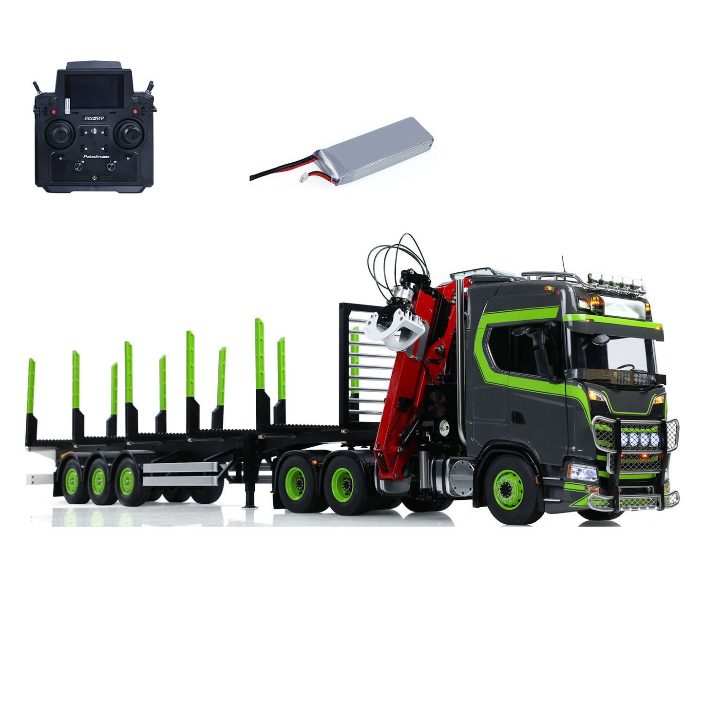 Camion tracteur Toucan 6X6 à châssis métallique 1/14 RC 770S avec grue hydraulique et remorque forestière