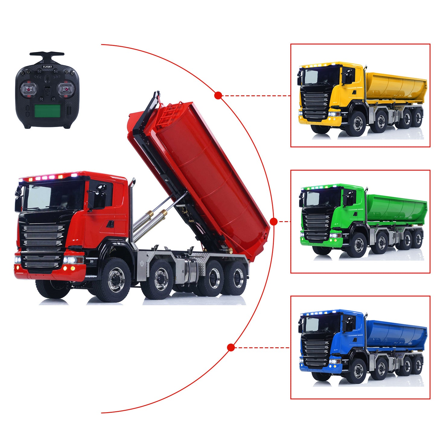 1/14 8*8 RC Hydraulic Dumper Radio Controlled Roll On Off Tipper SC 770S RC Lorry Vehicle Metal Drive Shafts Center Differential FlySky ST8 Radio