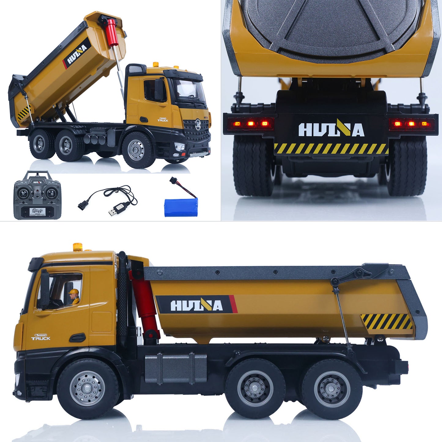 ONLY ONE US STOCK HUINA 1/14 Electric RC Dump Truck 573 Remote Control Tipper Model Vehicle Flowing Water Light Sound Effect 2.4G Radio Battery