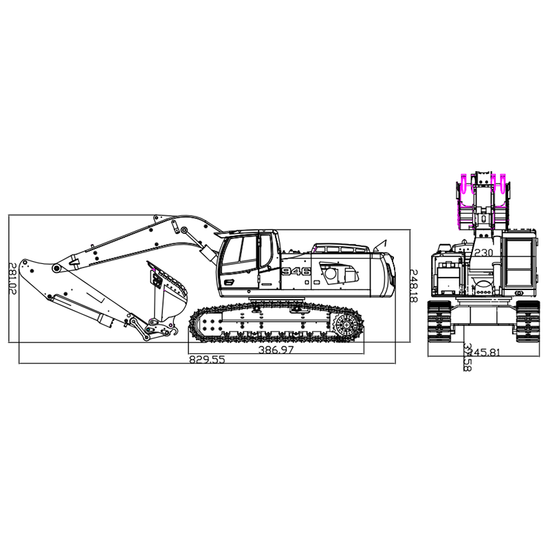 Pelle hydraulique sur chenilles ARTR à 2 bras en métal MTM 1/14 946 RC avec godet à benne preneuse et ripper