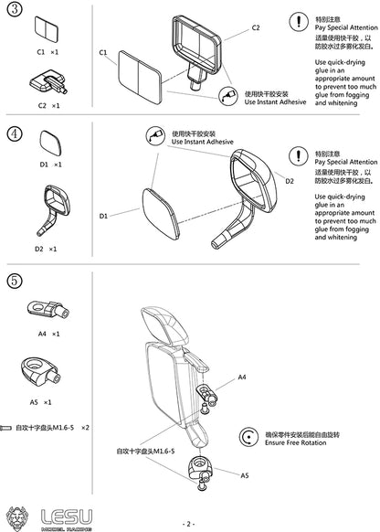 LESU ABS Rearview Mirror DIY 1/14 For Tamiya R620 470 RC Tractor