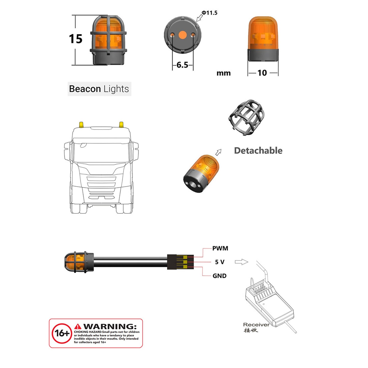 Light Box Roof Light Marker Lamp Warning Light Front Face Spoiler Doll Light for DIY 1/14 Tamiya RC Tractor Truck Lorry Vehicles