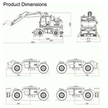 1/12 Remote Control Hydraulic Wheeled Excavator PW180 10CH Valve Metal Construction Vehicle Axle Lock Support Legs Front Shovel