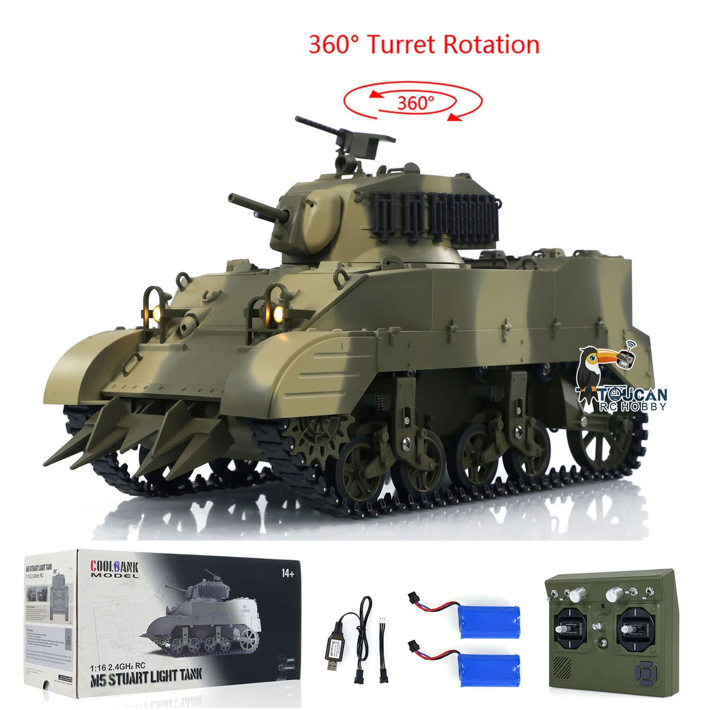 Char télécommandé US M5A1 Stuart VI 1/16 RC Tank léger à 360 degrés avec radio à deux batteries