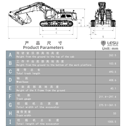 LESU 1/14 RC Excavatrice hydraulique complète LR960 RTR Digger Frsky XE Radio Battery sans système sonore