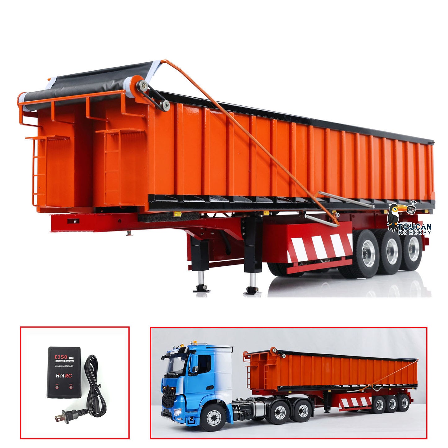 1/14 Metal 3 Axles Hydraulic Dump Trailers with Electric Tarpaulin for RC Tractor Trucks Remote Control Excavator Model