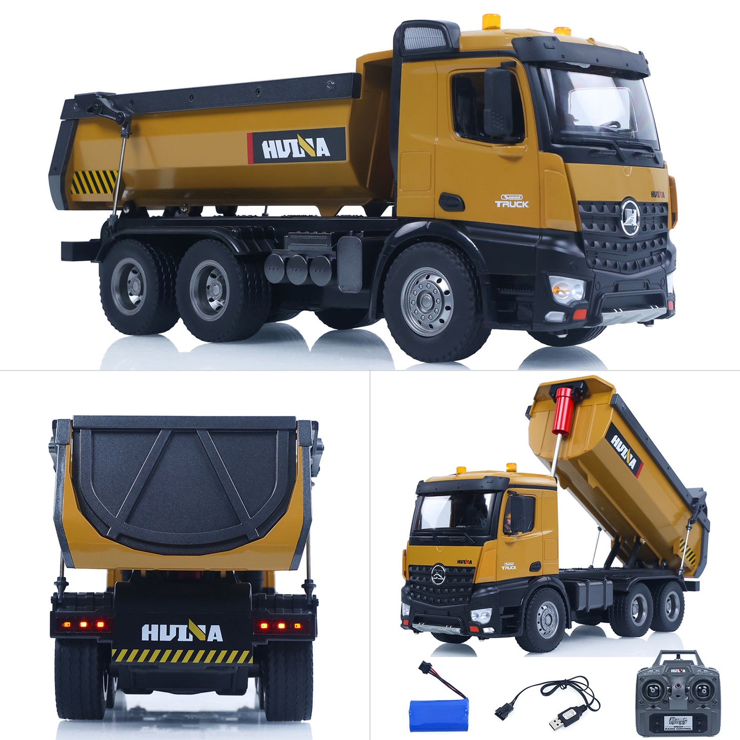 ONLY ONE US STOCK HUINA 1/14 Electric RC Dump Truck 573 Remote Control Tipper Model Vehicle Flowing Water Light Sound Effect 2.4G Radio Battery