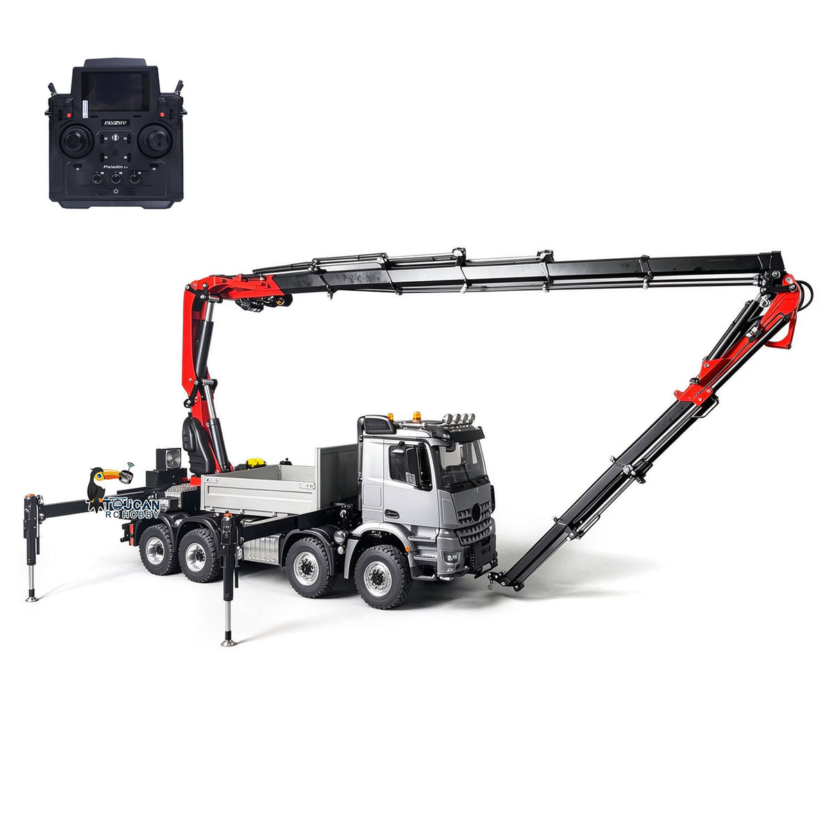 1/14 Metal 8X8 RC Hydraulic Crane Truck Remote Control Lorry with Extension Jib Electric Winch Removable Cargo Bed 3 Speed Diff Lock