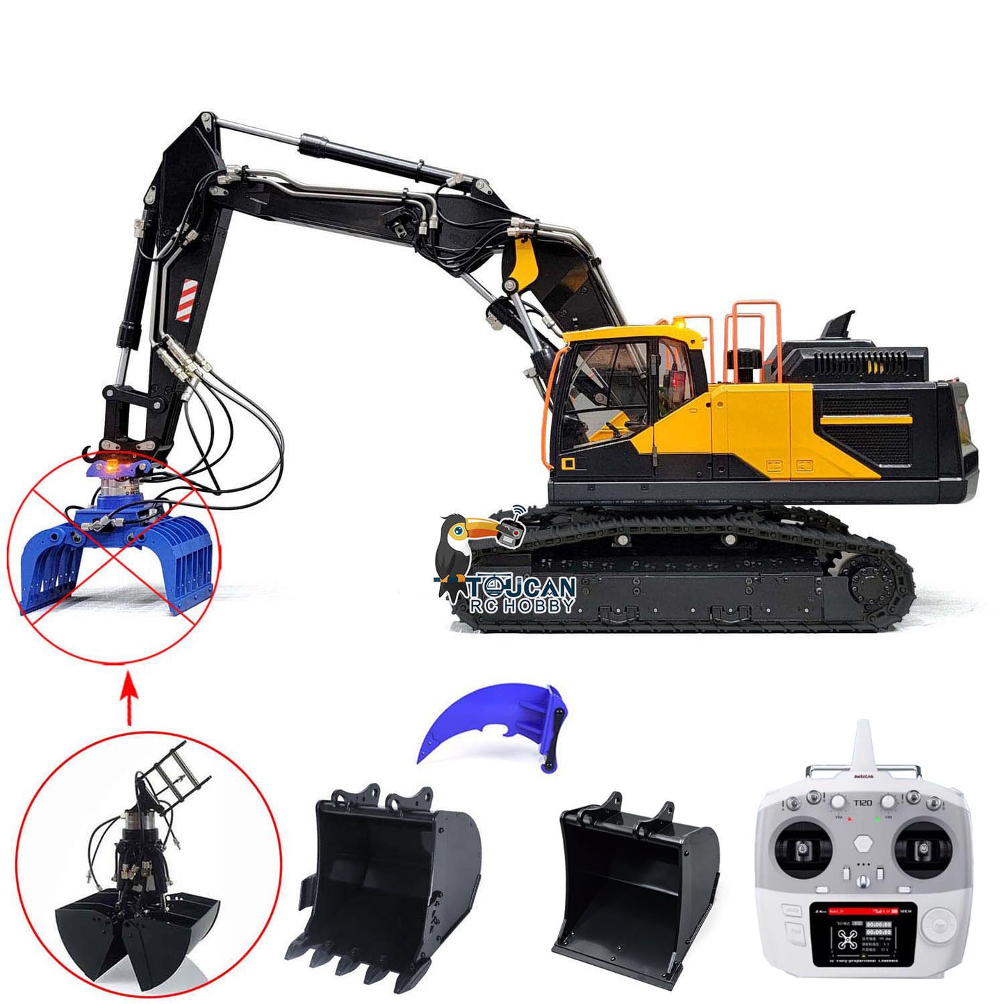 MTM 1/14 RC PNP EC380 3-Arm Metallkettenbagger mit hydraulischer Zweischalengreiferschaufel