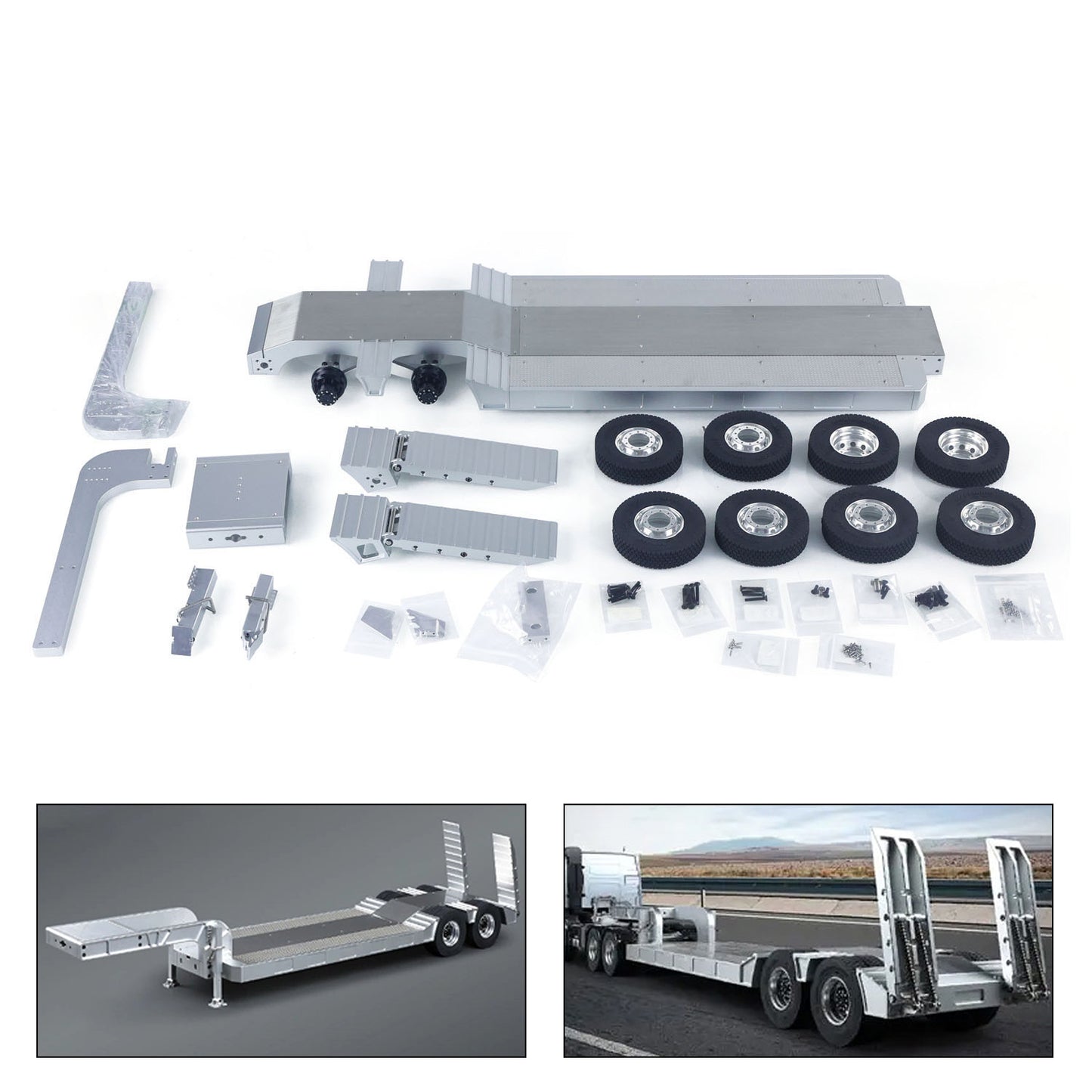 US STOCK 1/14 DoubleE Metal 2 Axels Low Trailer Flatbed E012 001 for Remote Control Tractor Truck E113 RC Lorry Car Model Upgrade Parts