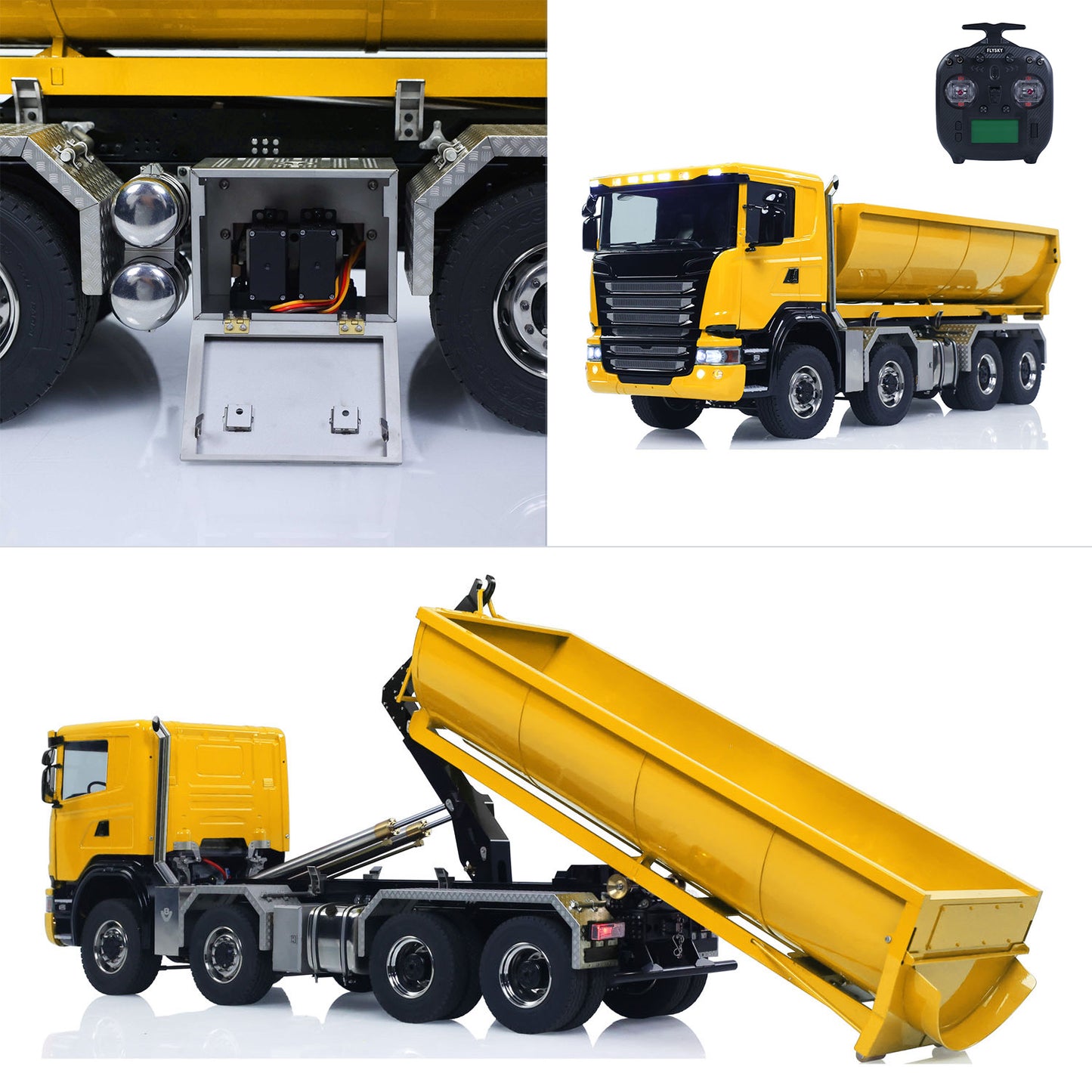1/14 8*8 RC Hydraulic Dumper Radio Controlled Roll On Off Tipper SC 770S RC Lorry Vehicle Metal Drive Shafts Center Differential FlySky ST8 Radio