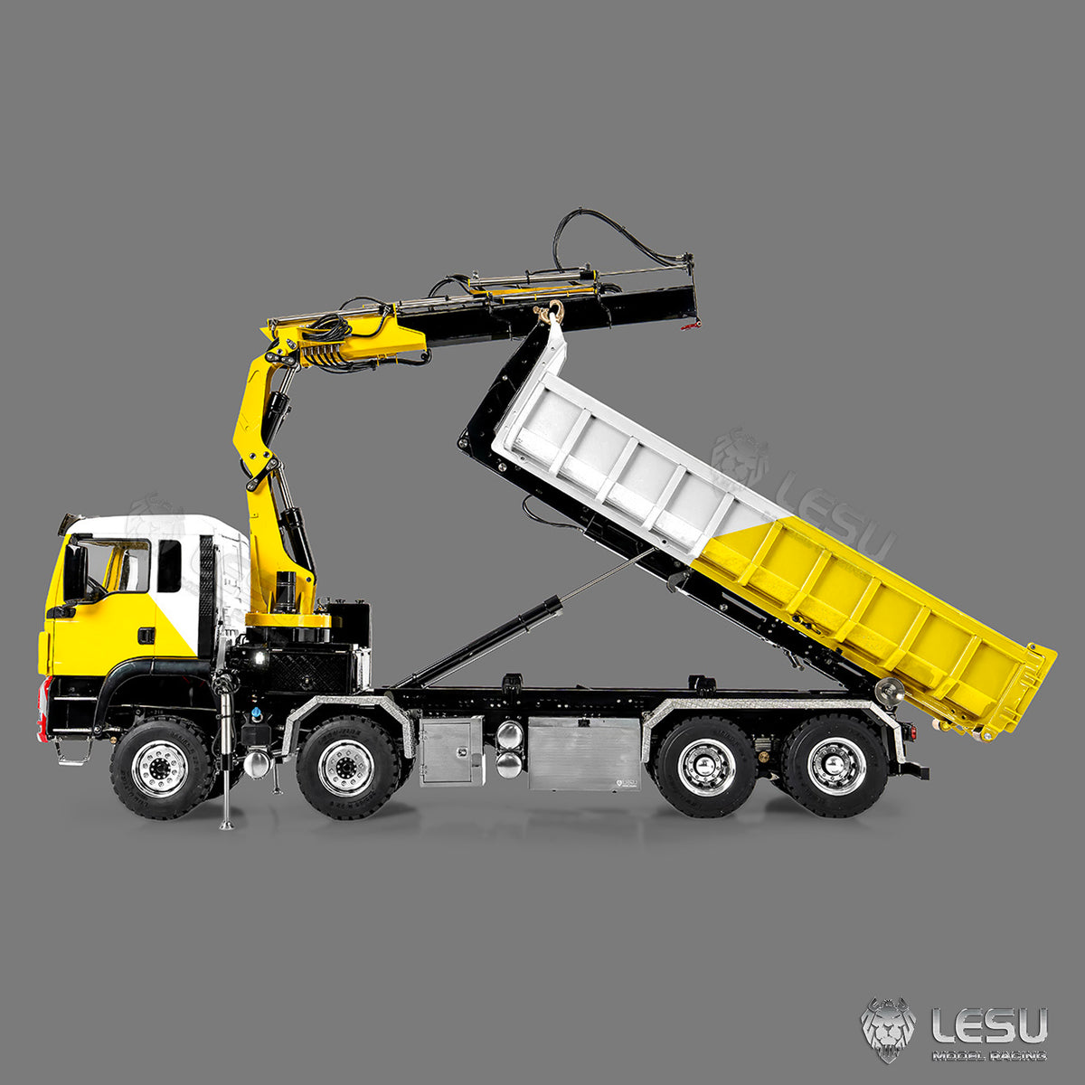 LESU 1/14 Metal RC Hydraulic Hook Lift Dumper Z0124/Z0125 8x8 Crane Dump Truck Model with 3 Speed Transmission LED Lights Sound System