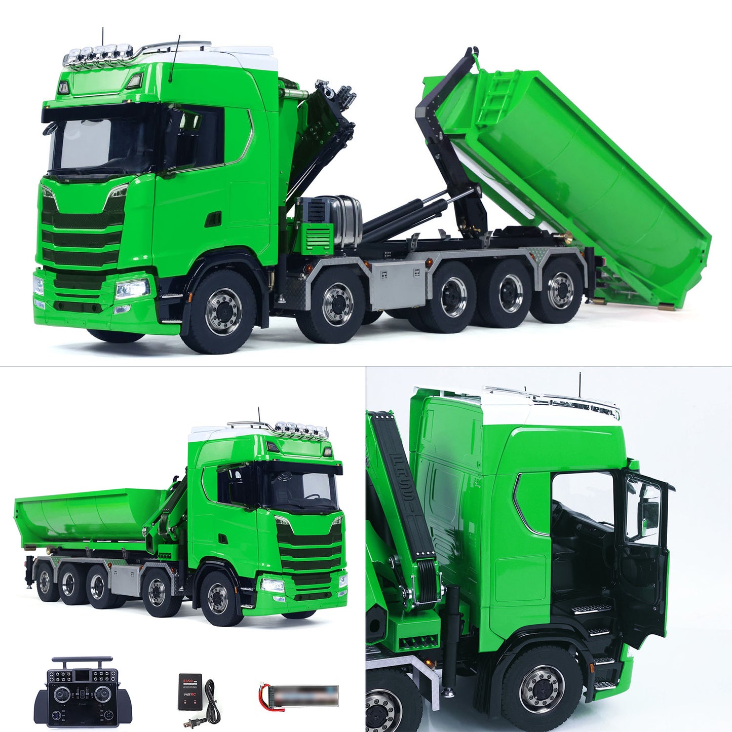 1/14 Remote Control Hydraulic Crane Dumper 10*10 RC Roll On Off Tipper 770S 3Speed U-Shaped Rear Axle Steering Differential Locks Metal Valves