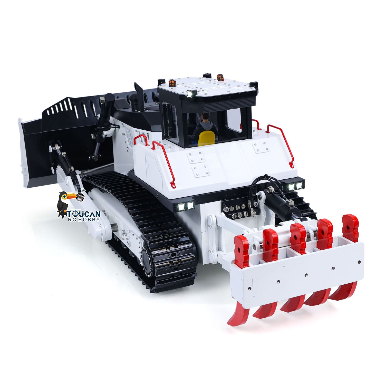 Toucan D155AX 1/12 metal hydraulic RC bulldozer rear left view White & Black & Red Ripper