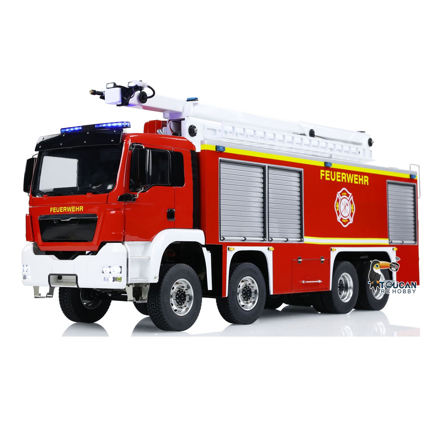 Camion de pompiers télécommandé MAN 8x4 à châssis métallique et tourelle extensible à grande portée à l'échelle 1/14