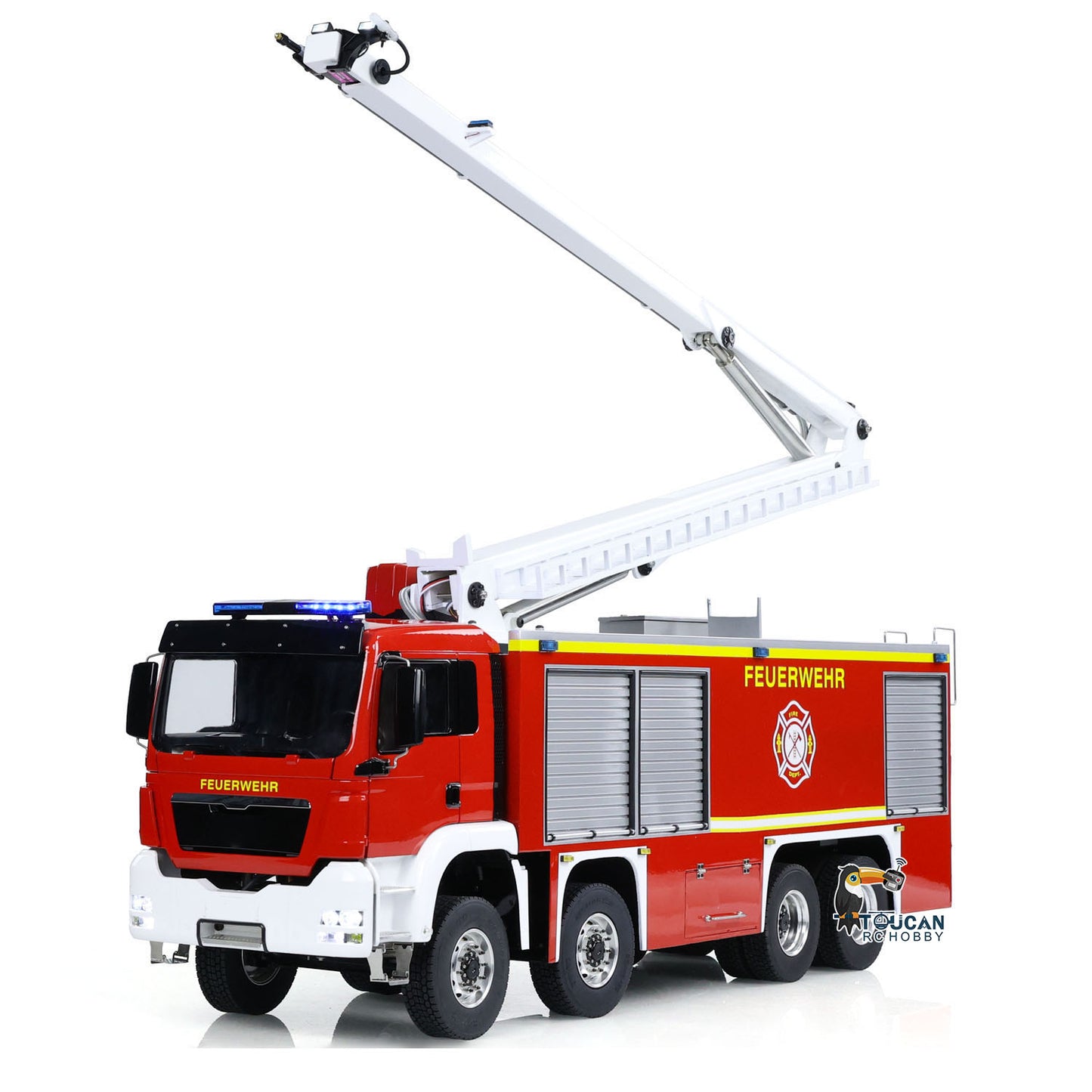 Camion de pompiers télécommandé MAN 8x4 à châssis métallique et tourelle extensible à grande portée à l'échelle 1/14