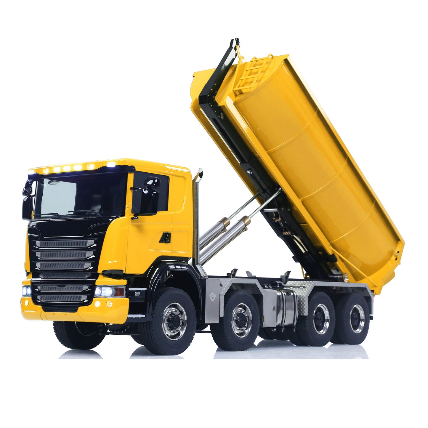 1/14 8*8 RC Hydraulic Dumper Radio Controlled Roll On Off Tipper SC 770S RC Lorry Vehicle Metal Drive Shafts Center Differential FlySky ST8 Radio