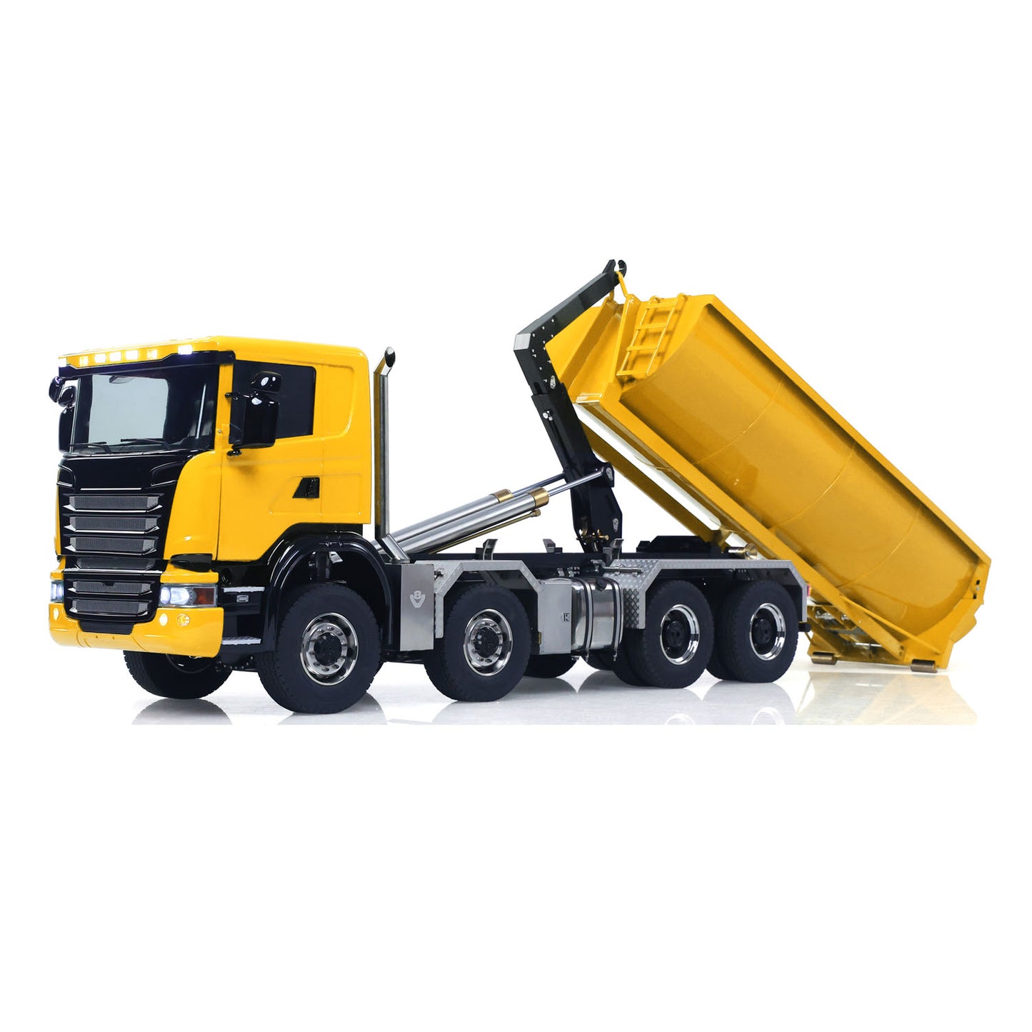 1/14 8*8 RC Hydraulic Dumper Radio Controlled Roll On Off Tipper SC 770S RC Lorry Vehicle Metal Drive Shafts Center Differential FlySky ST8 Radio