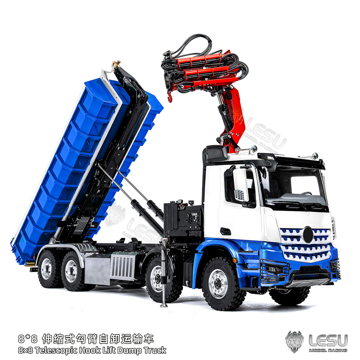 LESU Z0122/Z0123 1/14 Hydraulic RC Crane Dump Truck 8x8 Telescopic/Folding Hook Lift Remote Control Dumper with Metal Chassis 3 Speed Gearbox