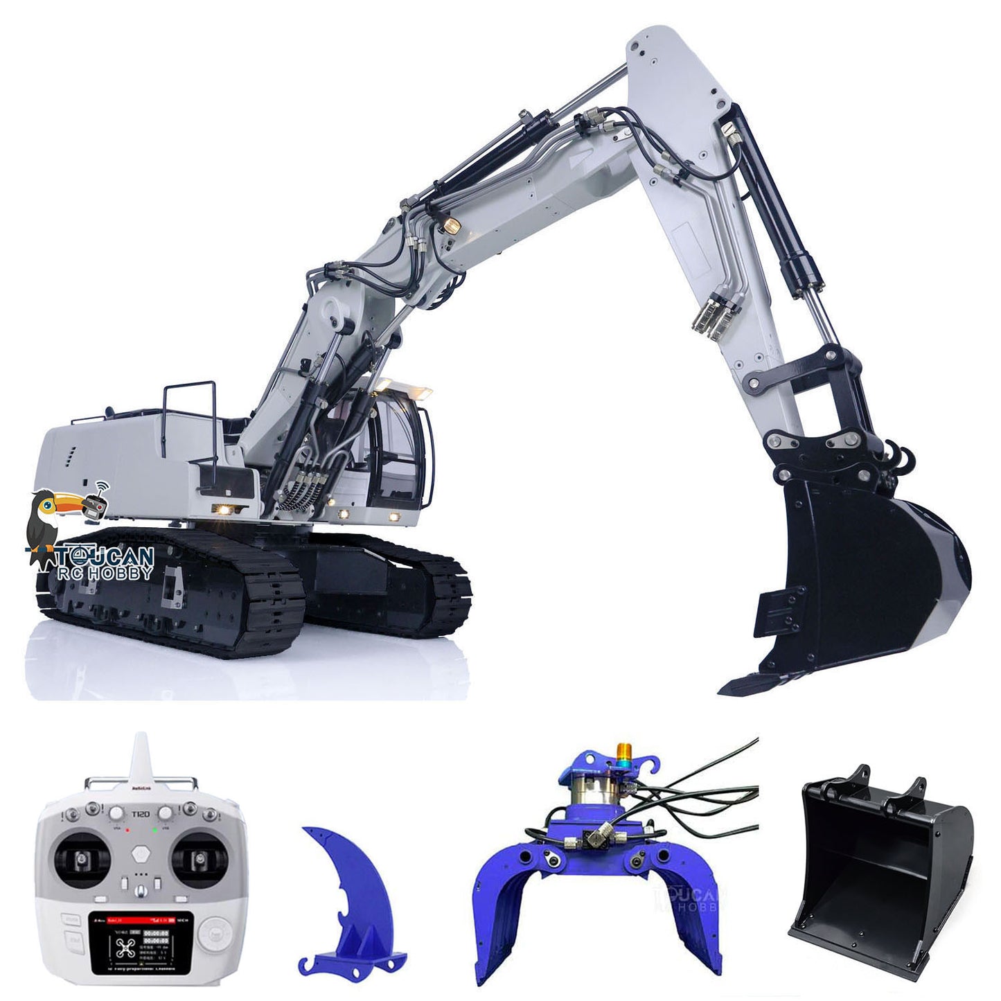 Pelle hydraulique sur chenilles ARTR à 3 bras en métal MTM 1/14 946-3 RC avec godet de démolition