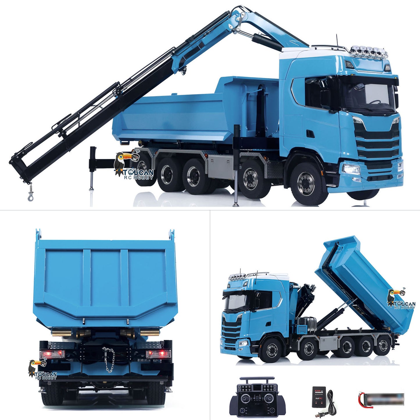 Camion à benne basculante hydraulique à châssis métallique 10x10 770S 1/14 RC avec grue et benne basculante complète