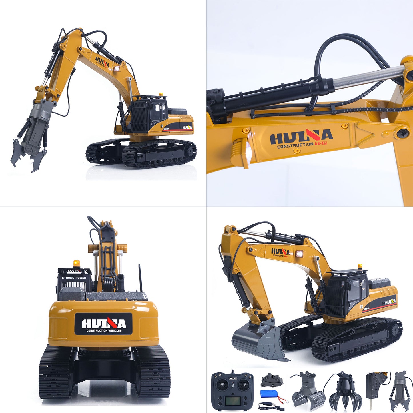 US STOCK HUINA New Upgrade 580 1/14 Metal Excavator Model Engineering Vehicle Electric Ball Grabber 360 Rotating Shear Claw Sound Lights