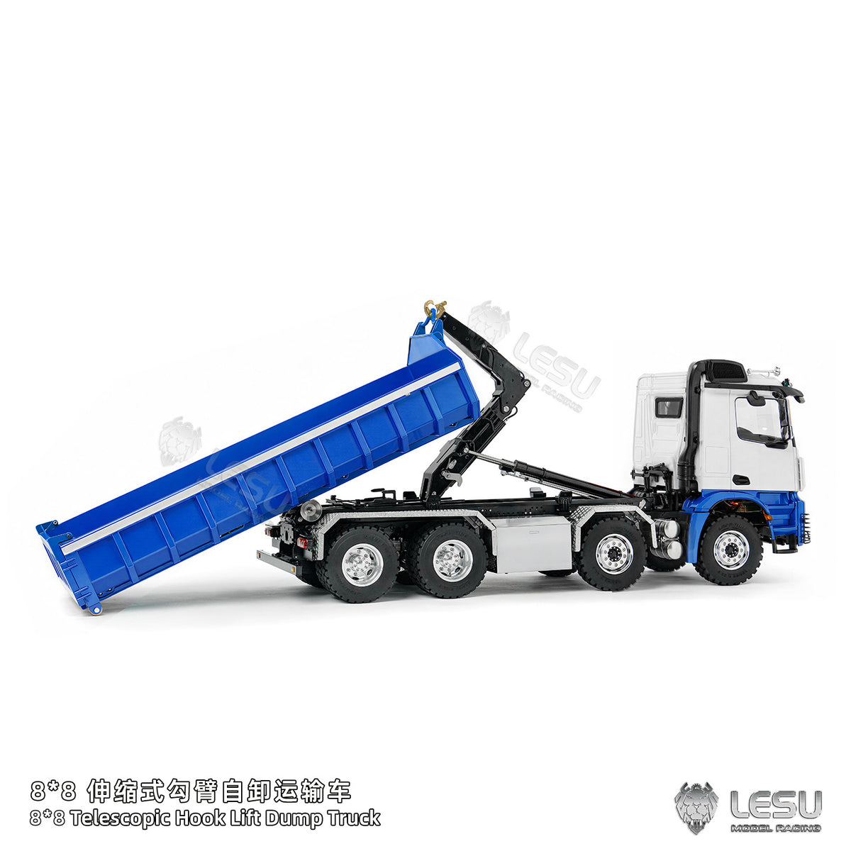 LESU Z0096/Z0088 1/14 RC Hydraulic Roll Off Dump Truck 8x8 Metal Chassis Tipper Model 3 Speed Gearbox Differential Lock Light Sound