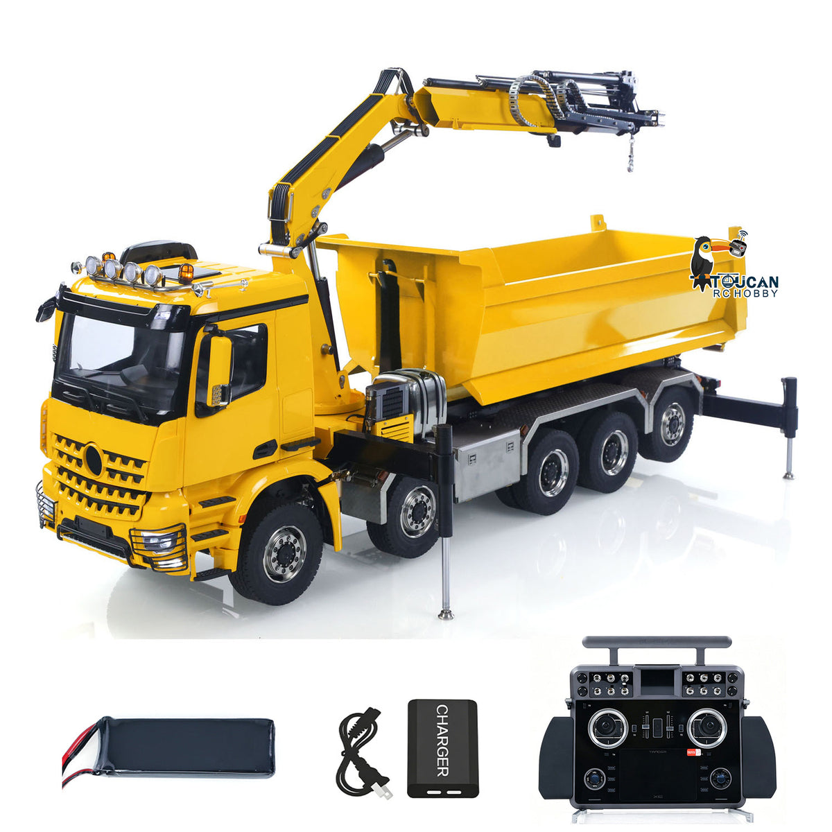 TOUCAN 1/14 10x10 Remote Control Hydraulic Crane Dump Truck RC Full Dumper Rear Axle Lifting HobbyWing Brushed Motor 9CH Steel Valve