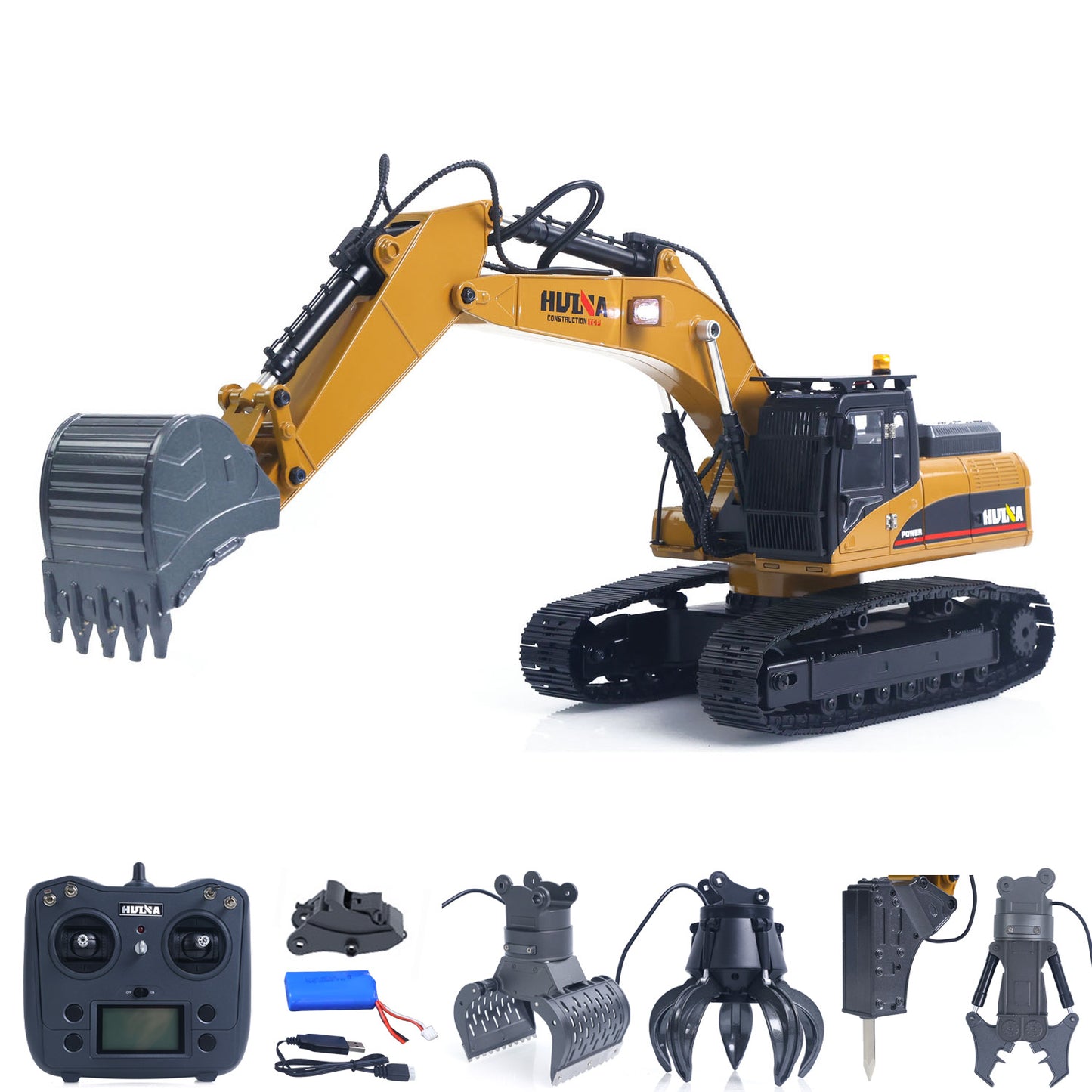 Fast Shipping HUINA New Upgrade 580 1/14 Metal Excavator Model Engineering Vehicle Electric Ball Grabber 360 Rotating Shear Claw Sound Lights