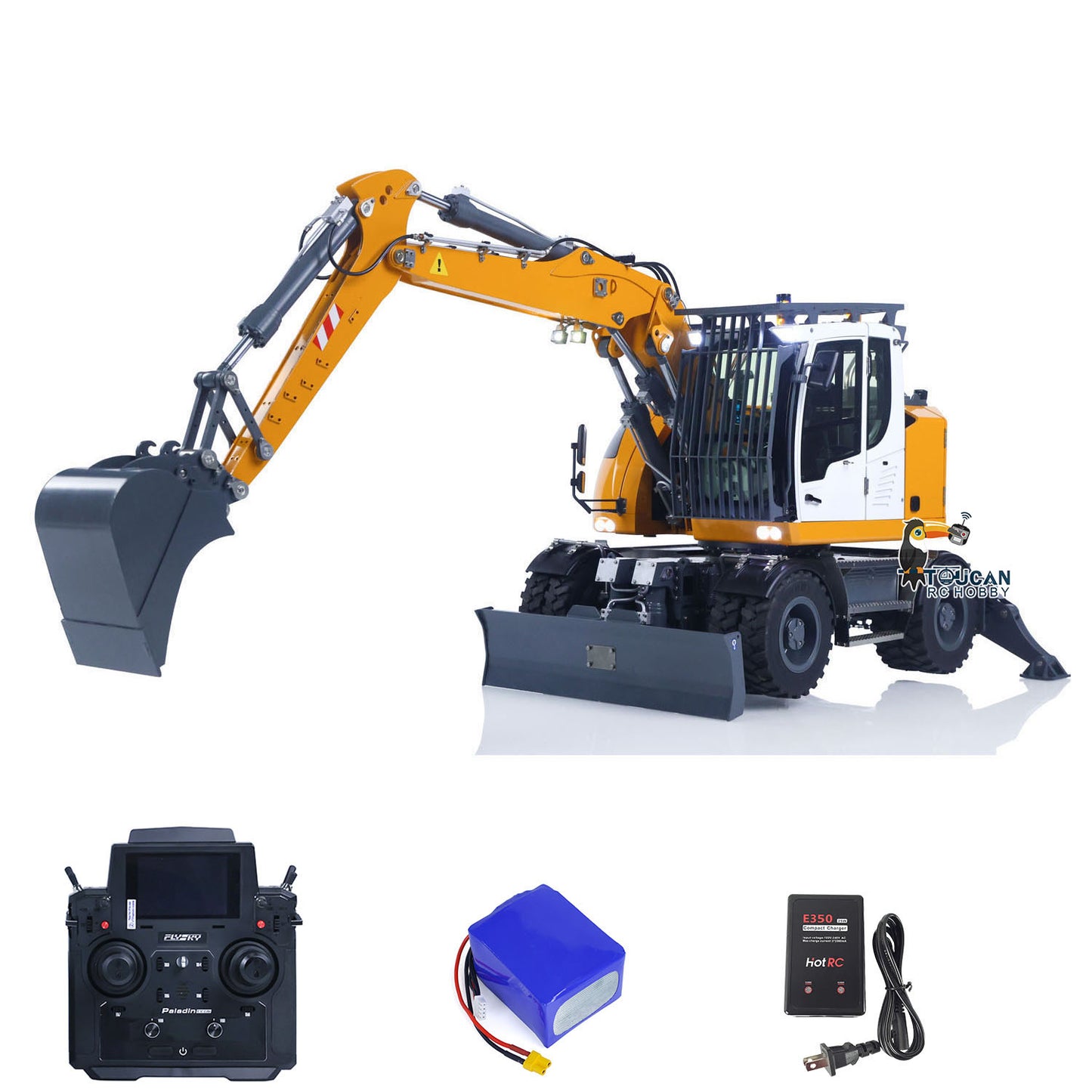 CUT Model 1/14 Remote Control Hydraulic Wheeled Excavator 3Arms LR914 8CH Valve Metal RC Digger Flysky PL18EV Lite Radio RTR