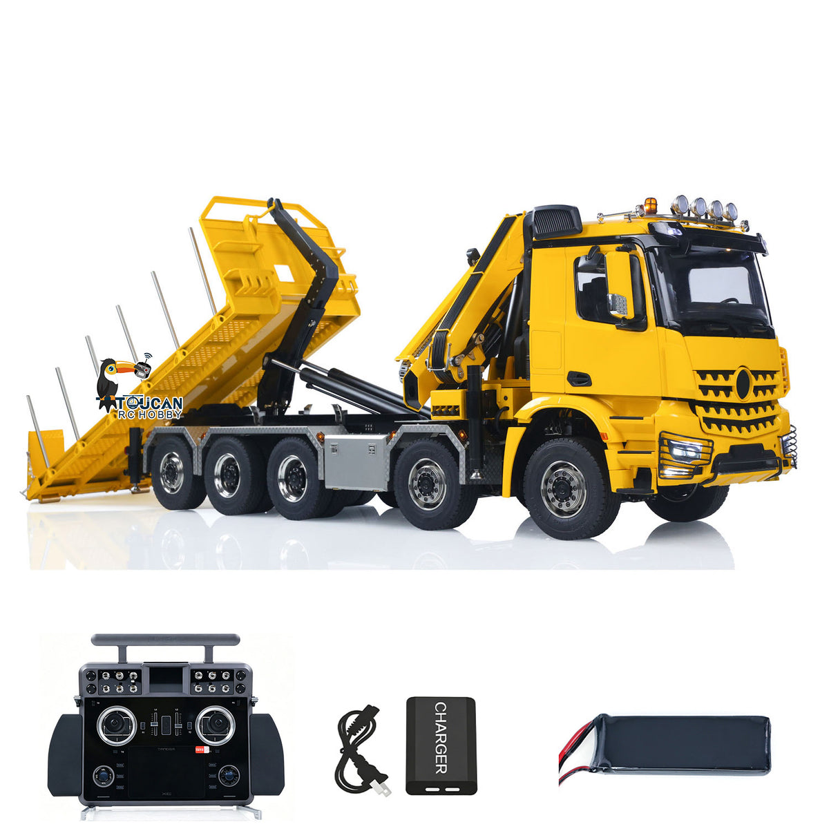 TOUCAN 1/14 10x10 Remote Control Hydraulic Crane Dump Truck RC Full Dumper Rear Axle Lifting HobbyWing Brushed Motor 9CH Steel Valve
