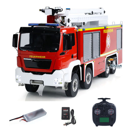 Camion de pompiers télécommandé MAN 8x4 à châssis métallique et tourelle extensible à grande portée à l'échelle 1/14