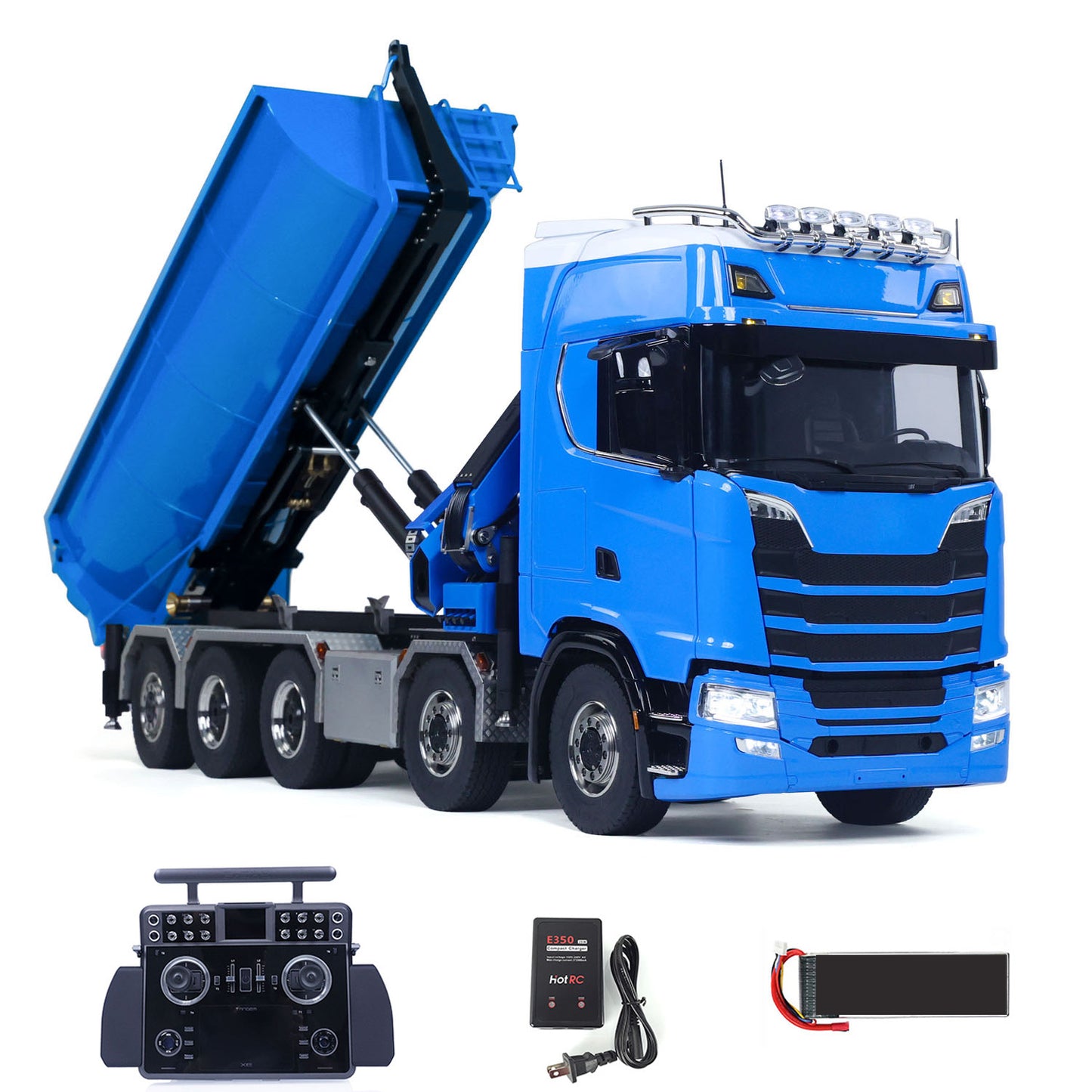 1/14 Remote Control Hydraulic Crane Dumper 10*10 RC Roll On Off Tipper 770S 3Speed U-Shaped Rear Axle Steering Differential Locks Metal Valves