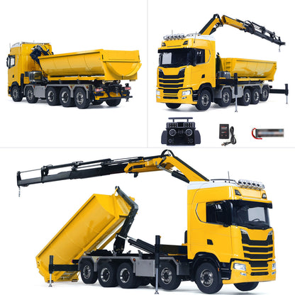 1/14 Remote Control Hydraulic Crane Dumper 10*10 RC Roll On Off Tipper 770S 3Speed U-Shaped Rear Axle Steering Differential Locks Metal Valves