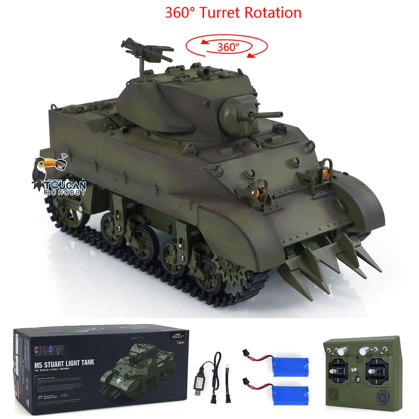 1/16 RC Tank US M5A1 Stuart VI Remote Control Light Tank 360 Degree with Two Battery Radio