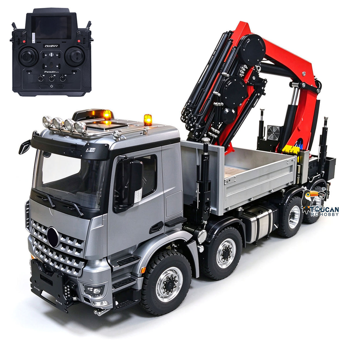 1/14 Metal 8X8 RC Hydraulic Crane Truck Remote Control Lorry with Extension Jib Electric Winch Removable Cargo Bed 3 Speed Diff Lock