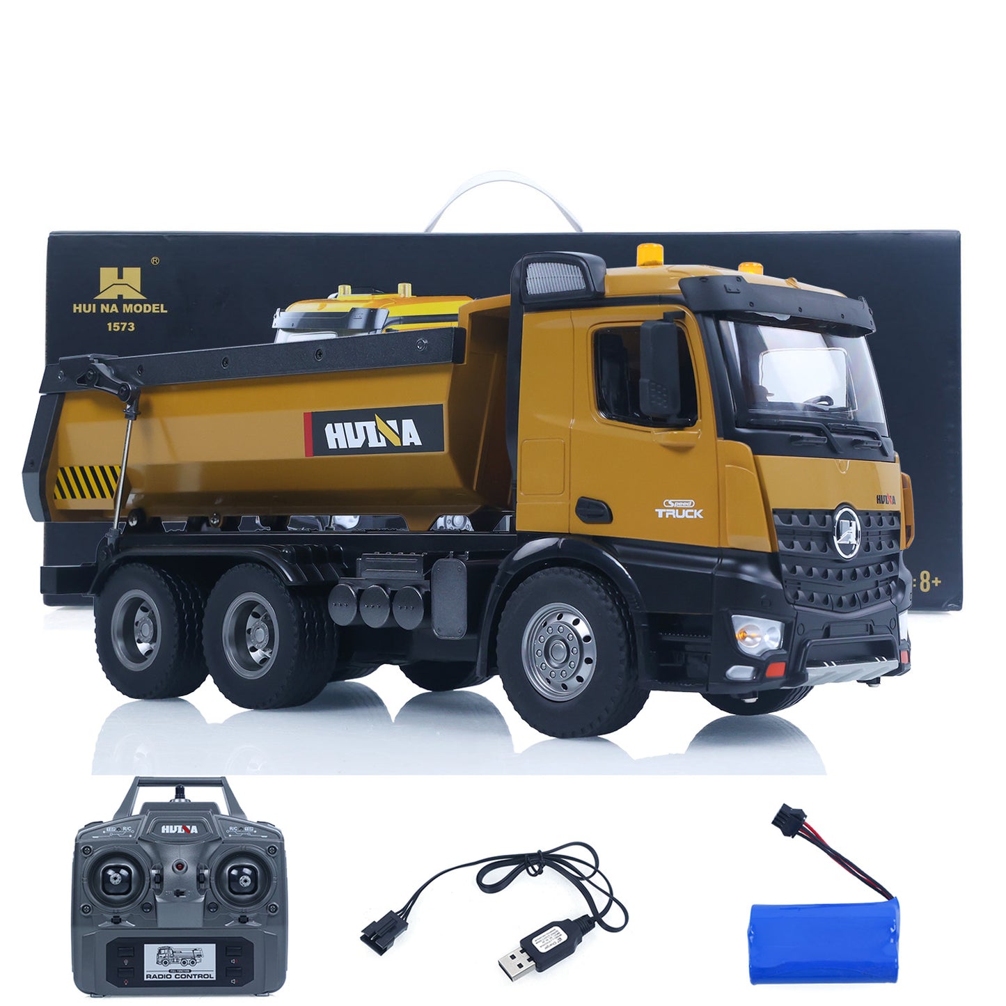 ONLY ONE US STOCK HUINA 1/14 Electric RC Dump Truck 573 Remote Control Tipper Model Vehicle Flowing Water Light Sound Effect 2.4G Radio Battery