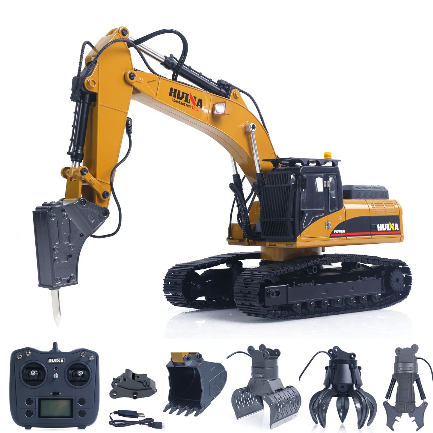 US STOCK HUINA New Upgrade 580 1/14 Metal Excavator Model Engineering Vehicle Electric Ball Grabber 360 Rotating Shear Claw Sound Lights