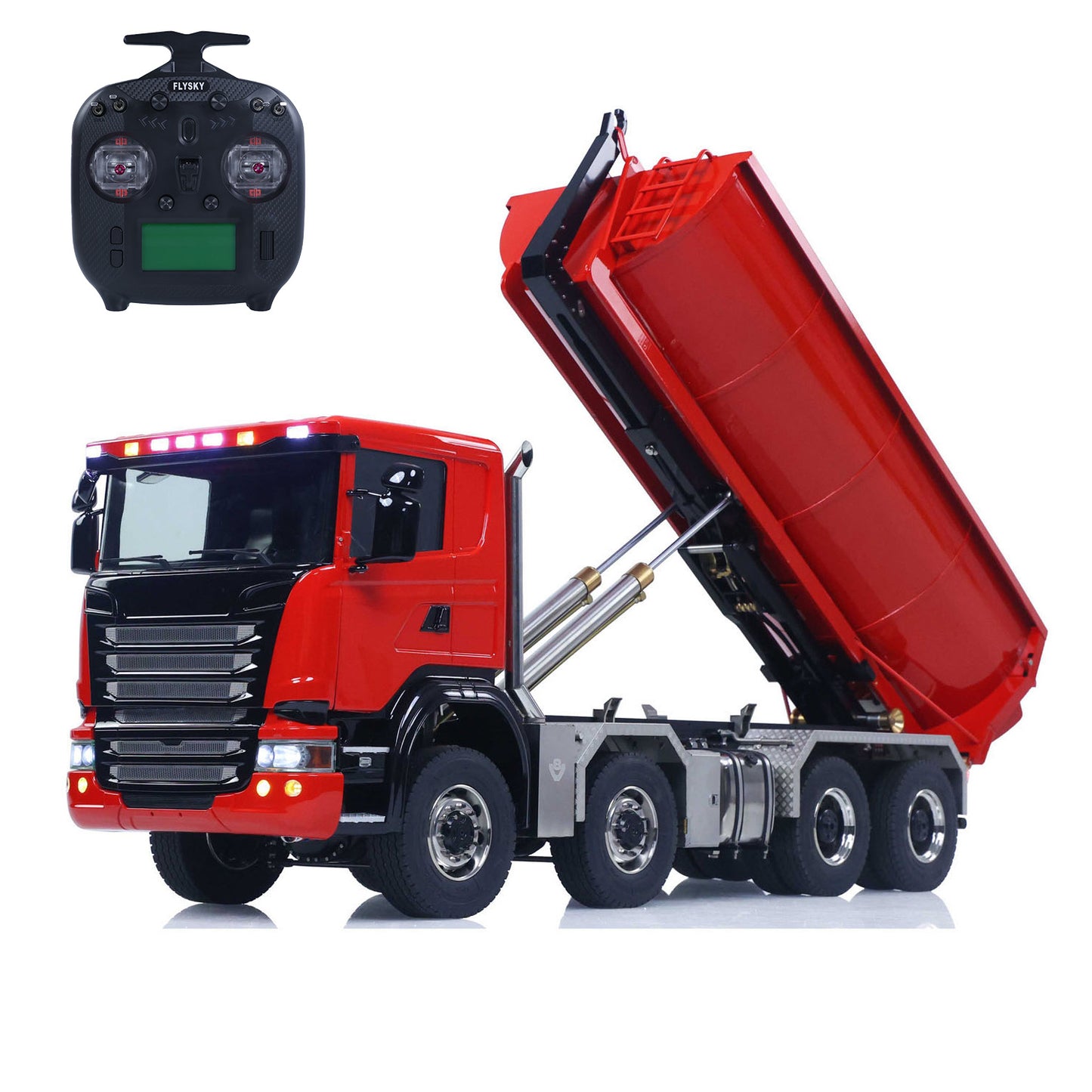 1/14 8*8 RC Hydraulic Dumper Radio Controlled Roll On Off Tipper SC 770S RC Lorry Vehicle Metal Drive Shafts Center Differential FlySky ST8 Radio