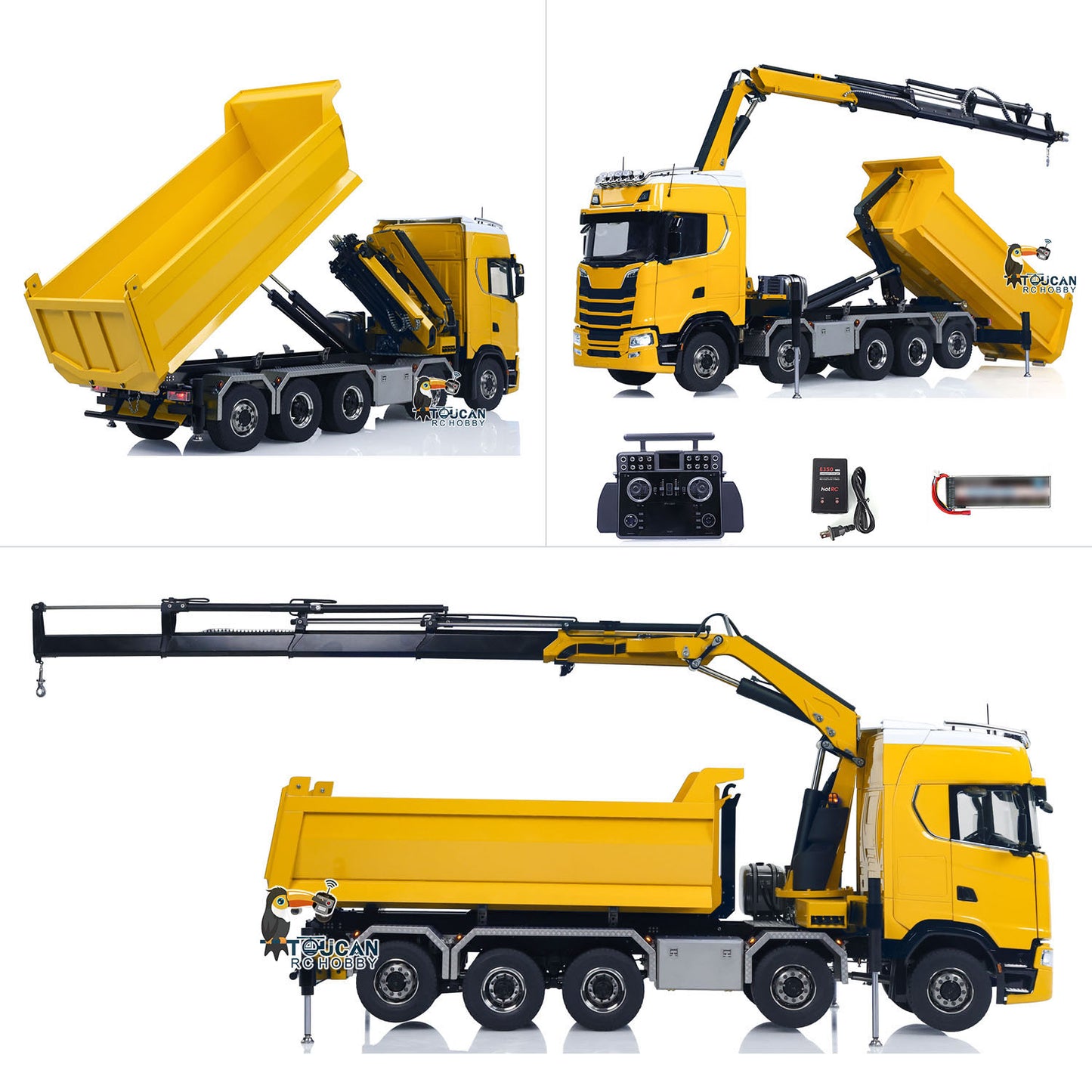 Camion à benne basculante hydraulique à châssis métallique 10x10 770S 1/14 RC avec grue et benne basculante complète
