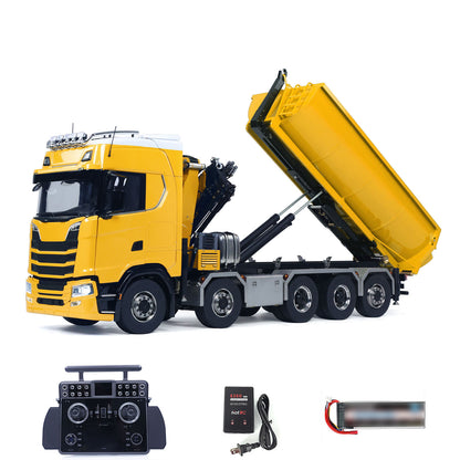 1/14 Remote Control Hydraulic Crane Dumper 10*10 RC Roll On Off Tipper 770S 3Speed U-Shaped Rear Axle Steering Differential Locks Metal Valves