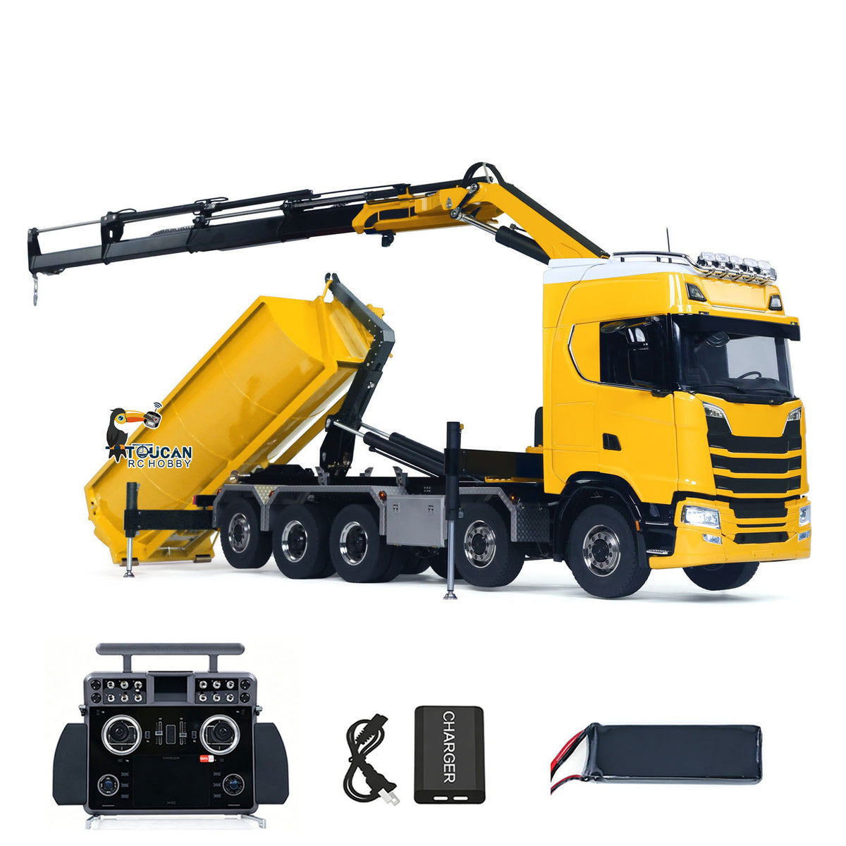 1/14 Remote Control Hydraulic Crane Dumper 10*10 RC Roll On Off Tipper 770S 3Speed U-Shaped Rear Axle Steering Differential Locks Metal Valves