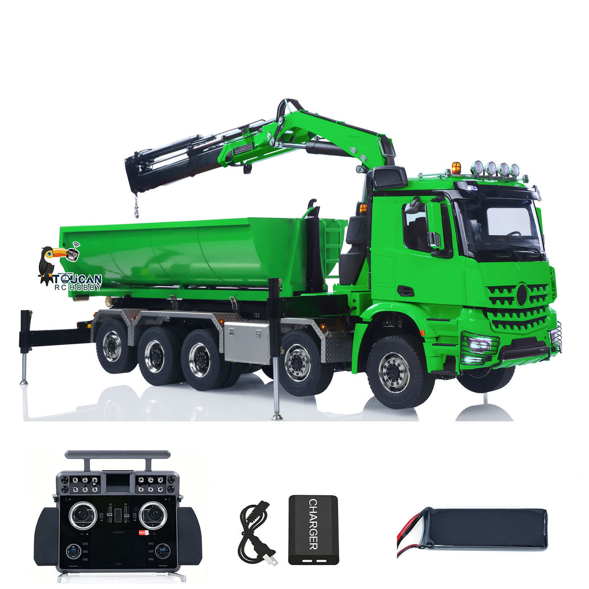 TOUCAN 1/14 10x10 Remote Control Hydraulic Crane Dump Truck RC Full Dumper Rear Axle Lifting HobbyWing Brushed Motor 9CH Steel Valve