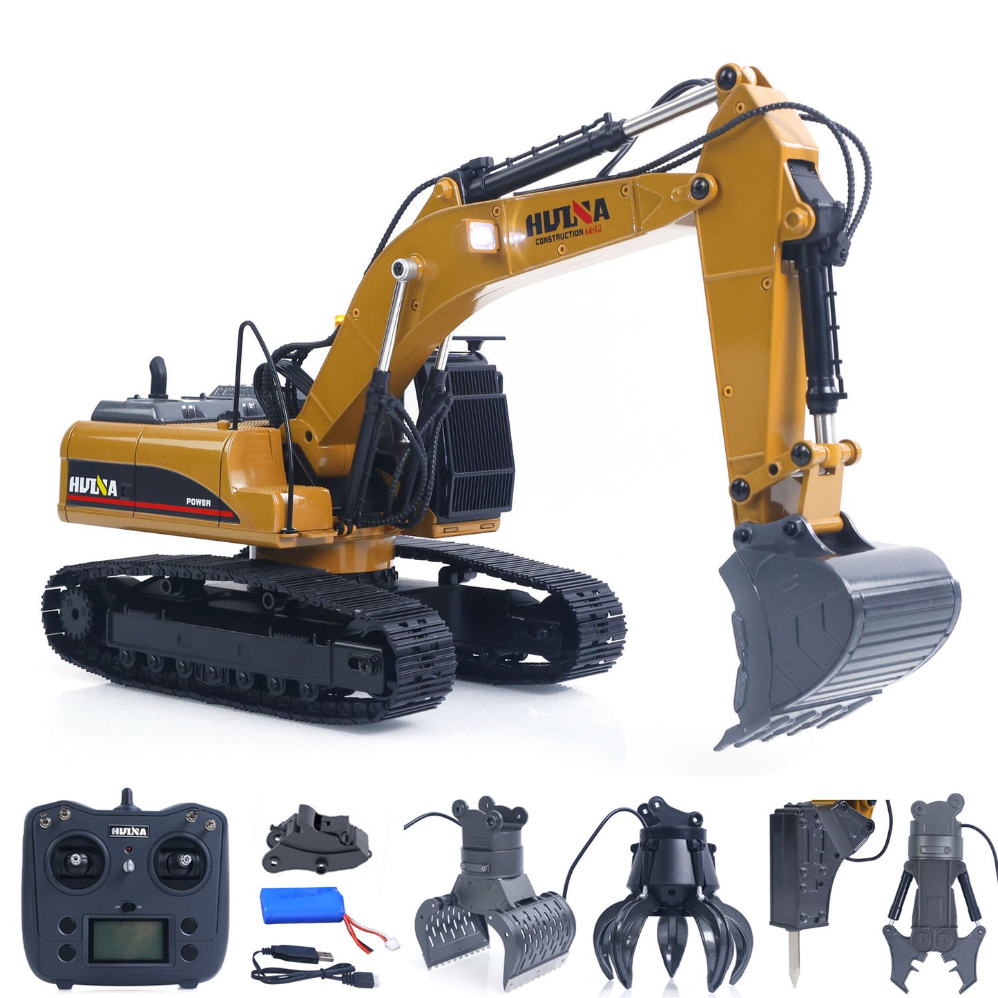 Fast Shipping HUINA New Upgrade 580 1/14 Metal Excavator Model Engineering Vehicle Electric Ball Grabber 360 Rotating Shear Claw Sound Lights
