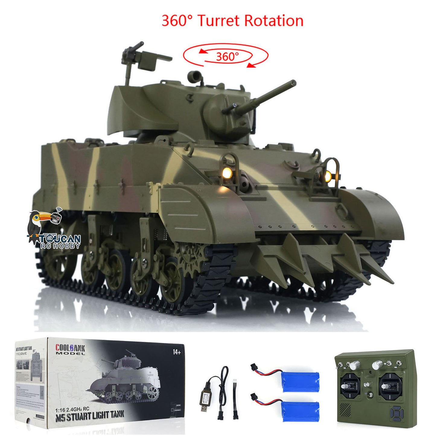 Char télécommandé US M5A1 Stuart VI 1/16 RC Tank léger à 360 degrés avec radio à deux batteries