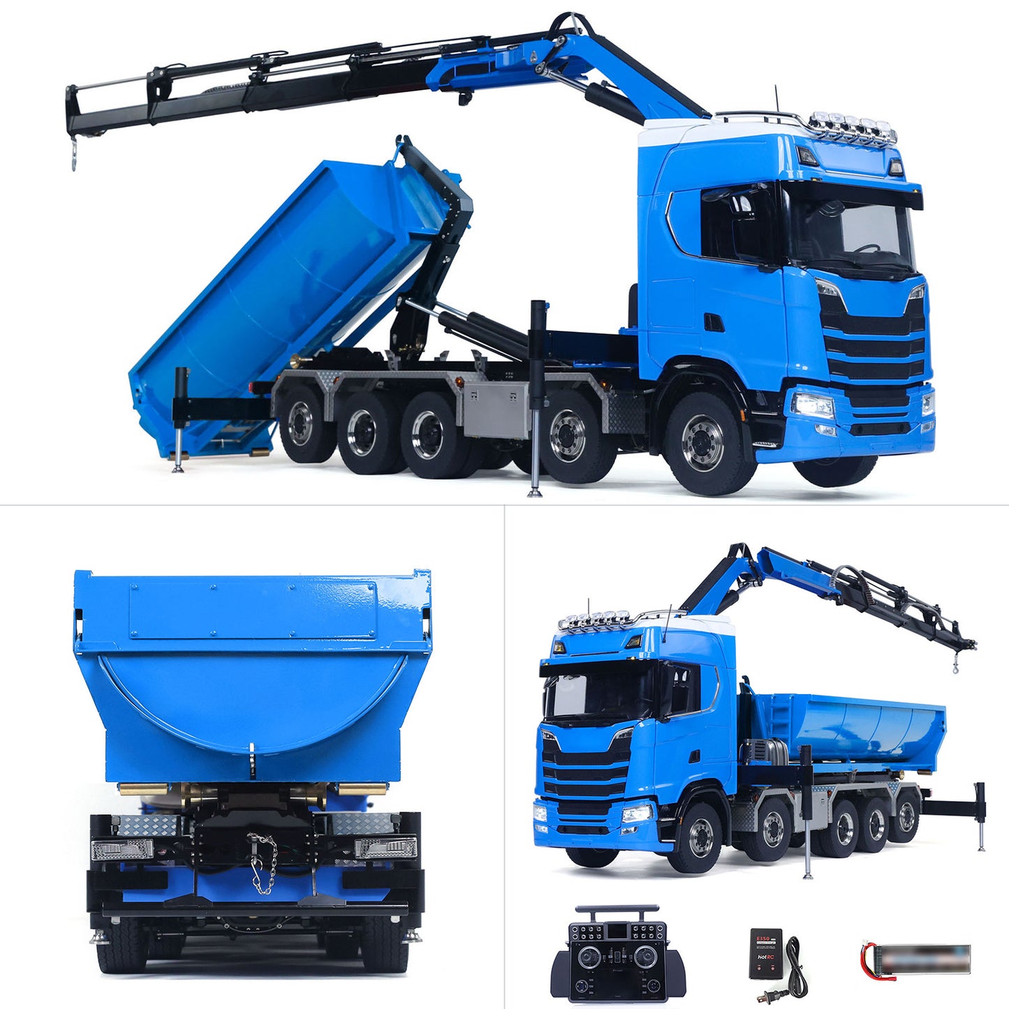 1/14 Remote Control Hydraulic Crane Dumper 10*10 RC Roll On Off Tipper 770S 3Speed U-Shaped Rear Axle Steering Differential Locks Metal Valves
