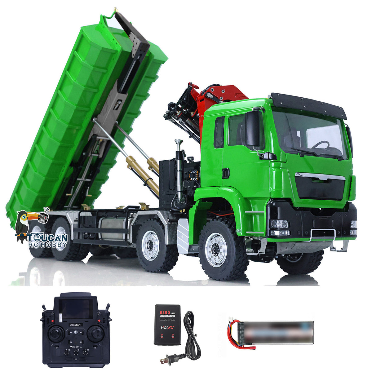LESU 1/14 8x8 RC Roll on/off Hydraulic Truck Crane Dumper Tipper with Flysky PL18EV Remote Controller Sound Light System