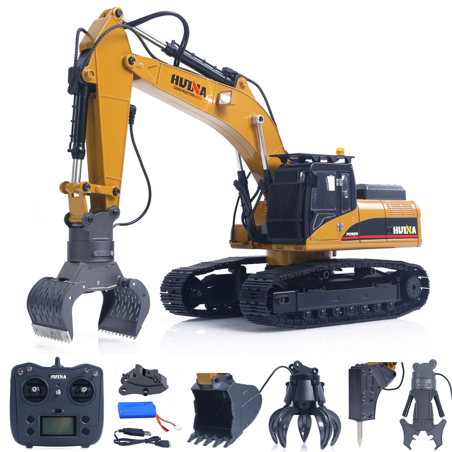Fast Shipping HUINA New Upgrade 580 1/14 Metal Excavator Model Engineering Vehicle Electric Ball Grabber 360 Rotating Shear Claw Sound Lights